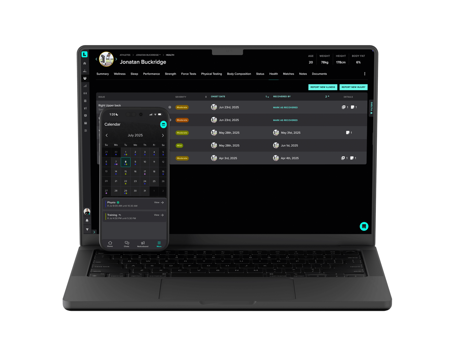 A mockup image demonstrating the Lumin Sports Platform on a laptop, and the Mobile App on a phone